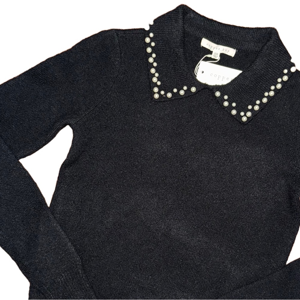 Copper Key Black Sweater Pearl Collar Minimalist Preppy Winter Dark Academia